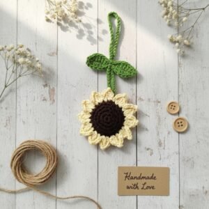 Crochet Sunflower Bag Charm with Leaves – Boho Floral Accessory